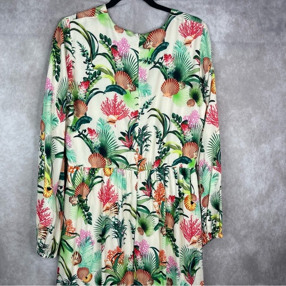 Boston Proper Sea Life Tropical V-Neck Empire Waist Long Sleeve Maxi Dress Sz 14 - Picture 9 of 11